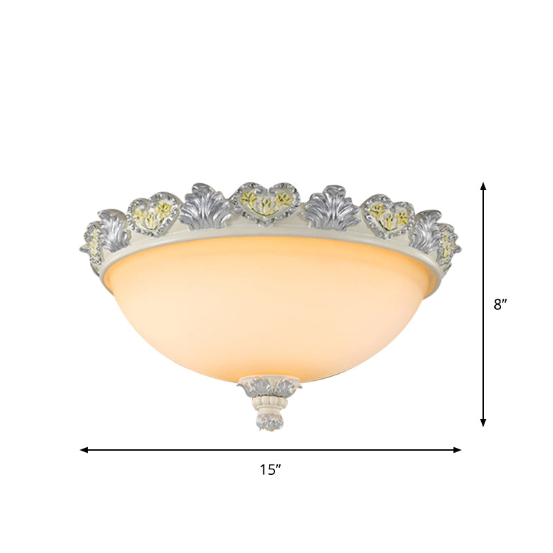 Classic Flush Mount Fixture: 3-Bulb 15"/19" Wide Frosted Glass Ceiling Light with Blossom Edge - Silver