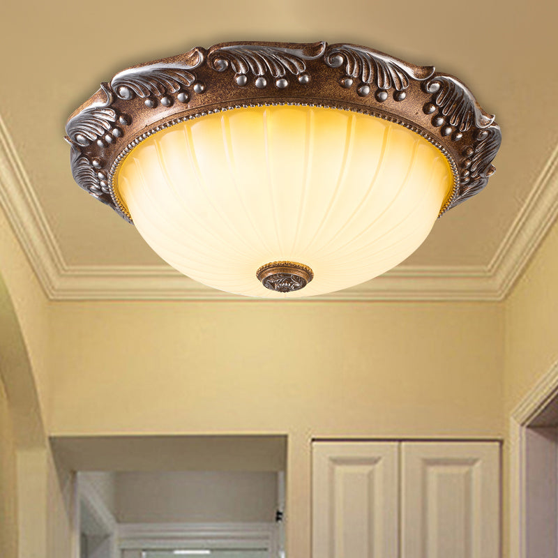 Country Style LED Ceiling Fixture - Brown, Fluted Opal Glass, 14"/16" Width, Flush Mount Lighting