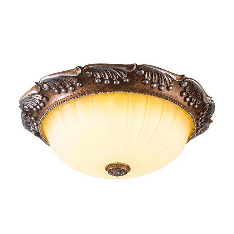 Country Style LED Ceiling Fixture - Brown, Fluted Opal Glass, 14"/16" Width, Flush Mount Lighting