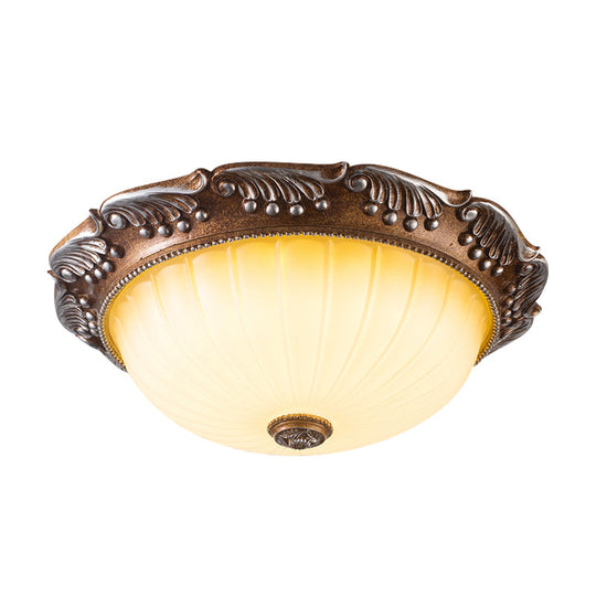 Country Style Led Ceiling Fixture - Brown Fluted Opal Glass 14/16 Width Flush Mount Lighting