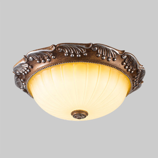 Country Style LED Ceiling Fixture - Brown, Fluted Opal Glass, 14"/16" Width, Flush Mount Lighting