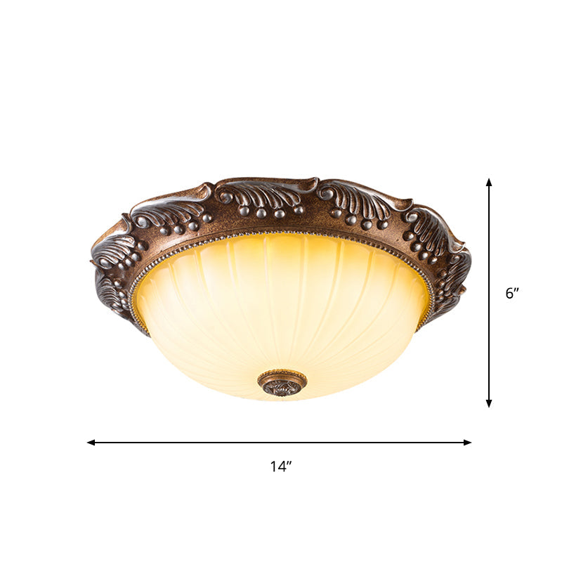 Country Style LED Ceiling Fixture - Brown, Fluted Opal Glass, 14"/16" Width, Flush Mount Lighting