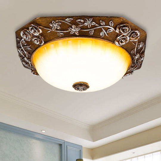 Traditional Flush Mount Led Ceiling Light With Carved Bloom Design In Brown 14/16 Wide / 14