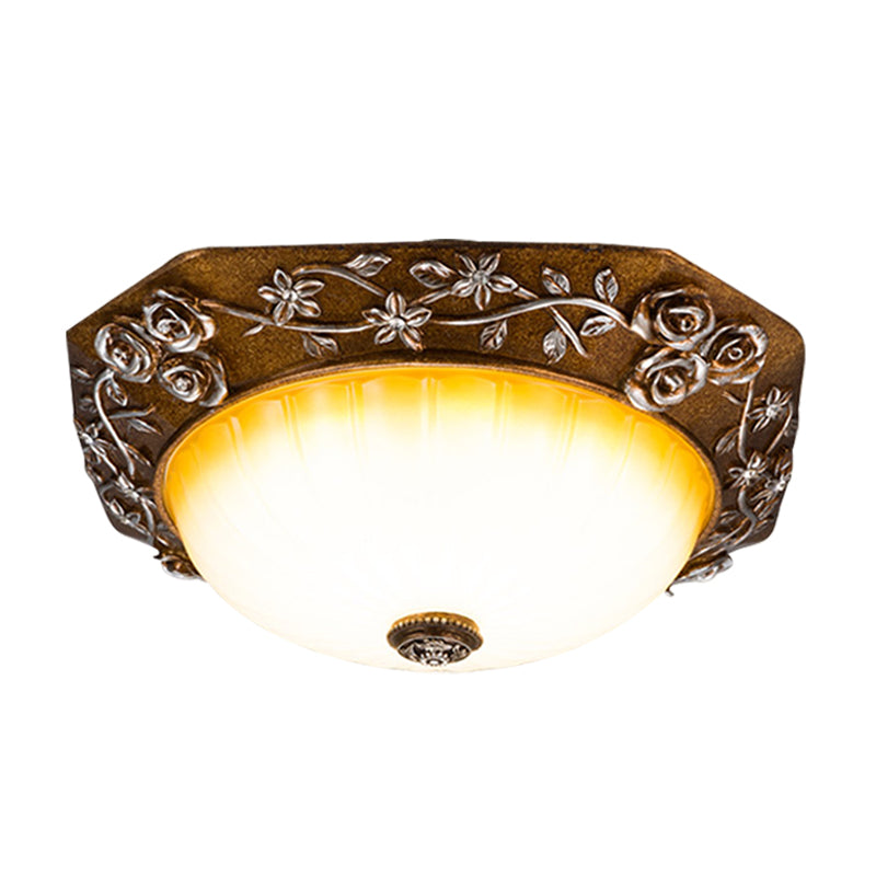 Traditional Flush Mount LED Ceiling Light with Carved Bloom Design in Brown, 14"/16" Wide