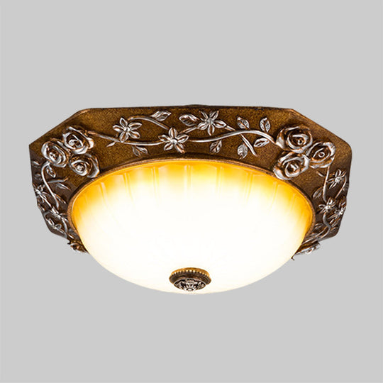 Traditional Flush Mount Led Ceiling Light With Carved Bloom Design In Brown 14/16 Wide