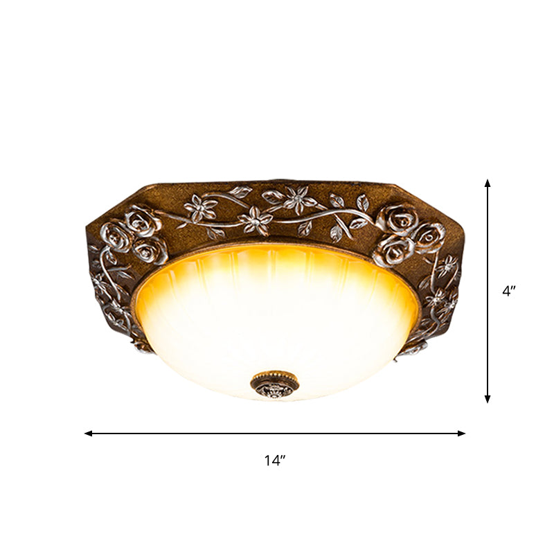 Traditional Flush Mount Led Ceiling Light With Carved Bloom Design In Brown 14/16 Wide