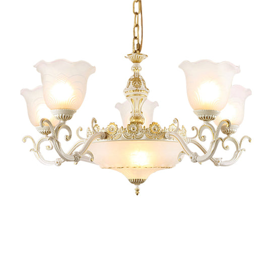 Opaline Glass Flower Ceiling Lamp - Traditional Pendant Chandelier White/Gold 5/7-Light For Drawing