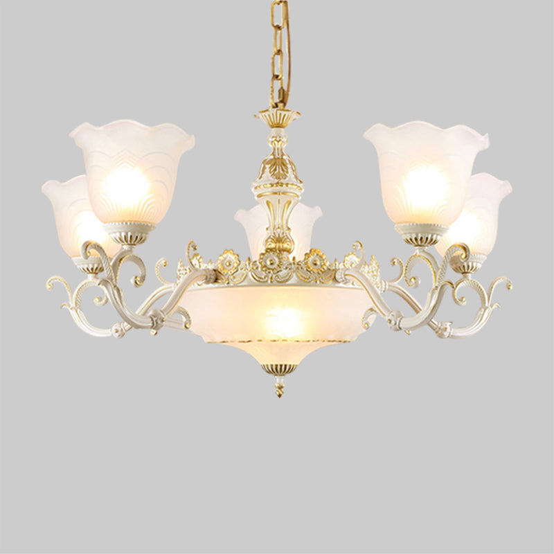 Opaline Glass Flower Ceiling Lamp - Traditional Pendant Chandelier White/Gold 5/7-Light For Drawing