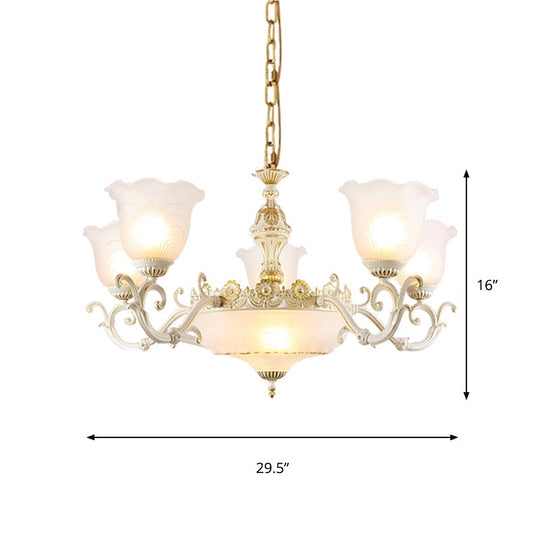 Opaline Glass Flower Ceiling Lamp - Traditional Pendant Chandelier White/Gold 5/7-Light For Drawing