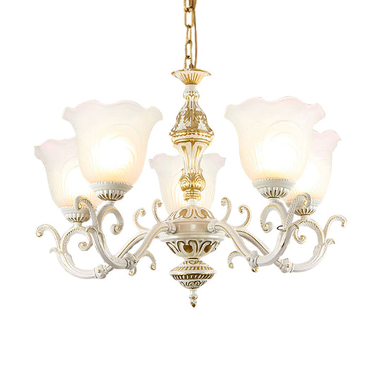 Opaline Glass Flower Ceiling Lamp - Traditional Pendant Chandelier White/Gold 5/7-Light For Drawing