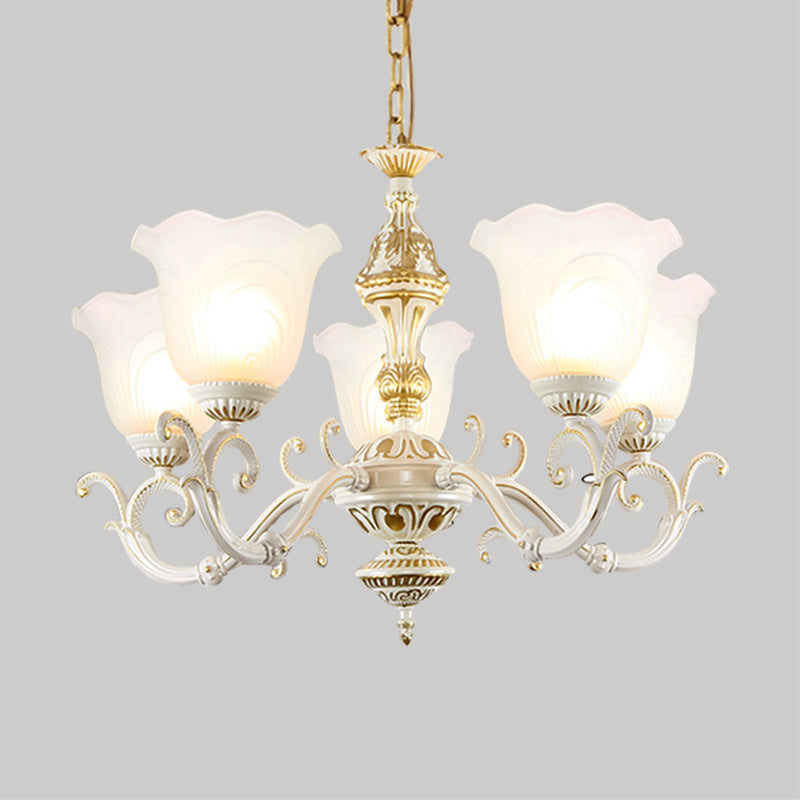 Opaline Glass Flower Ceiling Lamp - Traditional Pendant Chandelier White/Gold 5/7-Light For Drawing