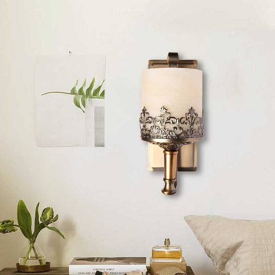 Antiqued Cylinder Wall Light With Single Bulb White Glass Etching In Gold