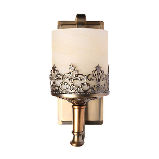 Antiqued Cylinder Wall Light With Single Bulb White Glass Etching In Gold