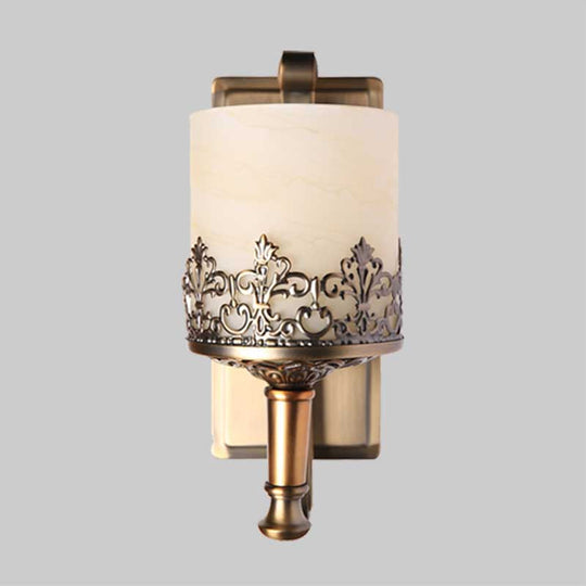 Antiqued Cylinder Wall Light With Single Bulb White Glass Etching In Gold