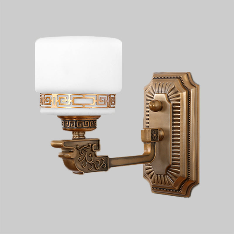 Vintage Brass Wall Sconce With Right Angle Arm - Elegant Cylindrical Milky Glass Lighting