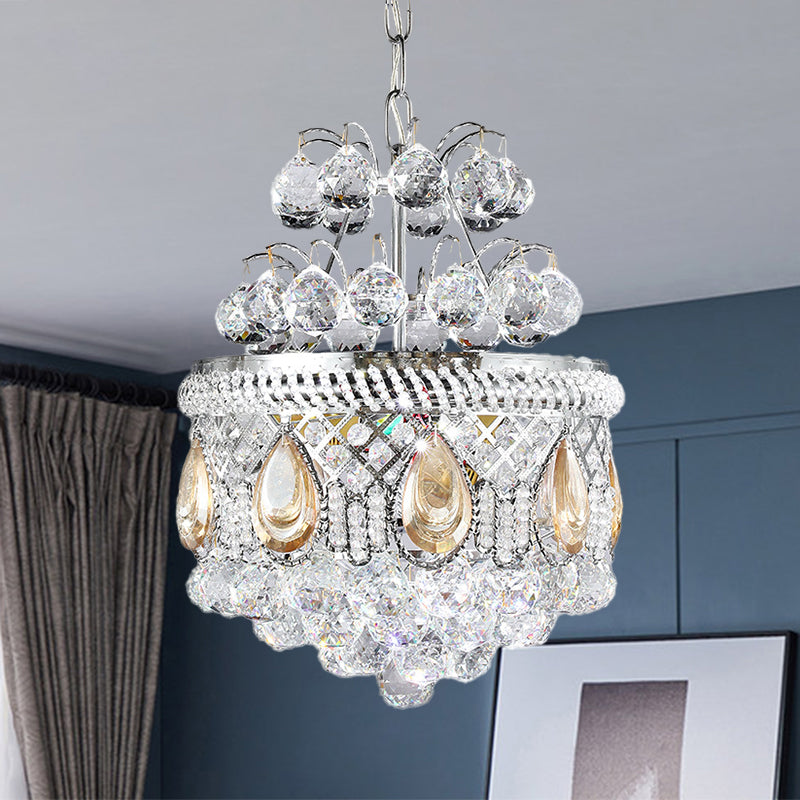 Contemporary Clear Crystal Orbs Chandelier With Silver Drop/Leaf Design - 3 Bulb Suspension Pendant