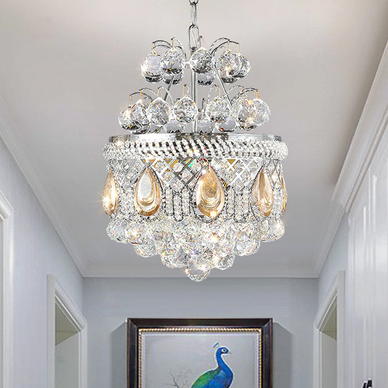 Contemporary Clear Crystal Orbs Chandelier With Silver Drop/Leaf Design - 3 Bulb Suspension Pendant