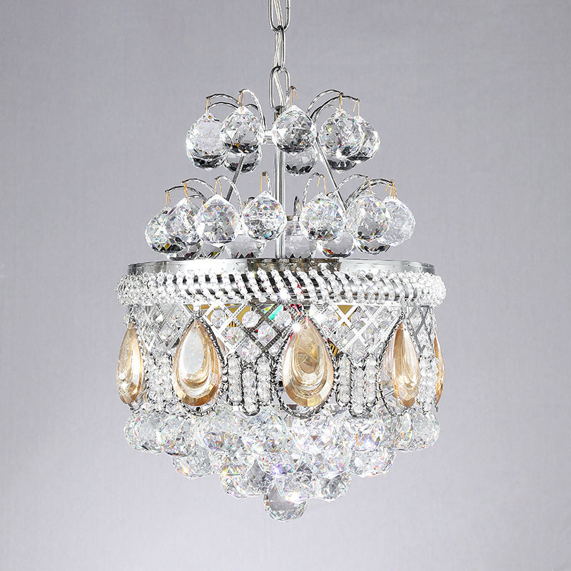 Contemporary Clear Crystal Orbs Chandelier With Silver Drop/Leaf Design - 3 Bulb Suspension Pendant