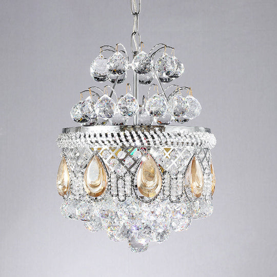 Contemporary Clear Crystal Orbs Chandelier With Silver Drop/Leaf Design - 3 Bulb Suspension Pendant