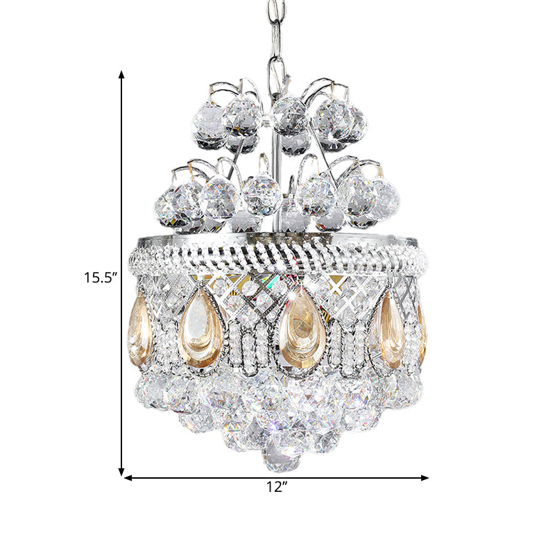 Contemporary Clear Crystal Orbs Chandelier With Silver Drop/Leaf Design - 3 Bulb Suspension Pendant