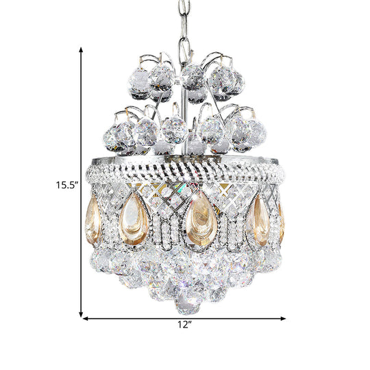 Contemporary Clear Crystal Orbs Chandelier With Silver Drop/Leaf Design - 3 Bulb Suspension Pendant