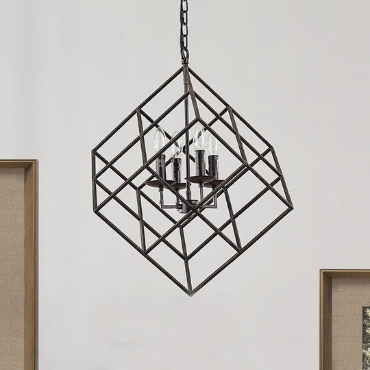 Lustre rustique en fer avec 4 lumières – Lampe suspendue vintage pour restaurants, design cage cubique en noir