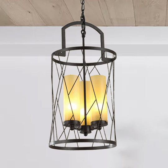 Industrial 3-Head Pendant Lamp With Cylinder Glass Shade And Wire Frame For Restaurants - Black