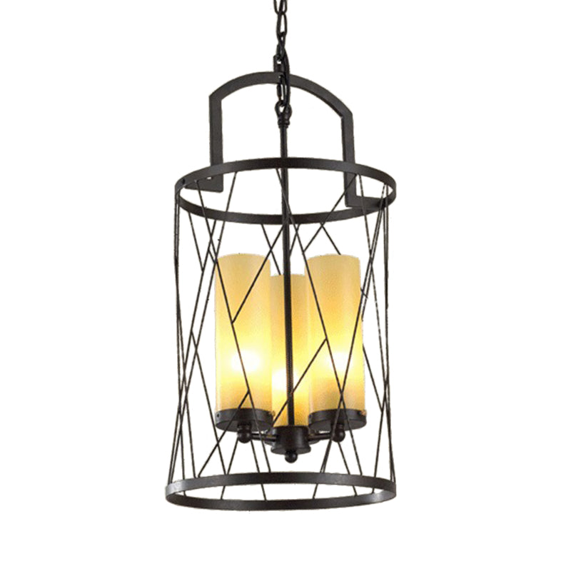 Industrial 3-Head Pendant Lamp With Cylinder Glass Shade And Wire Frame For Restaurants - Black