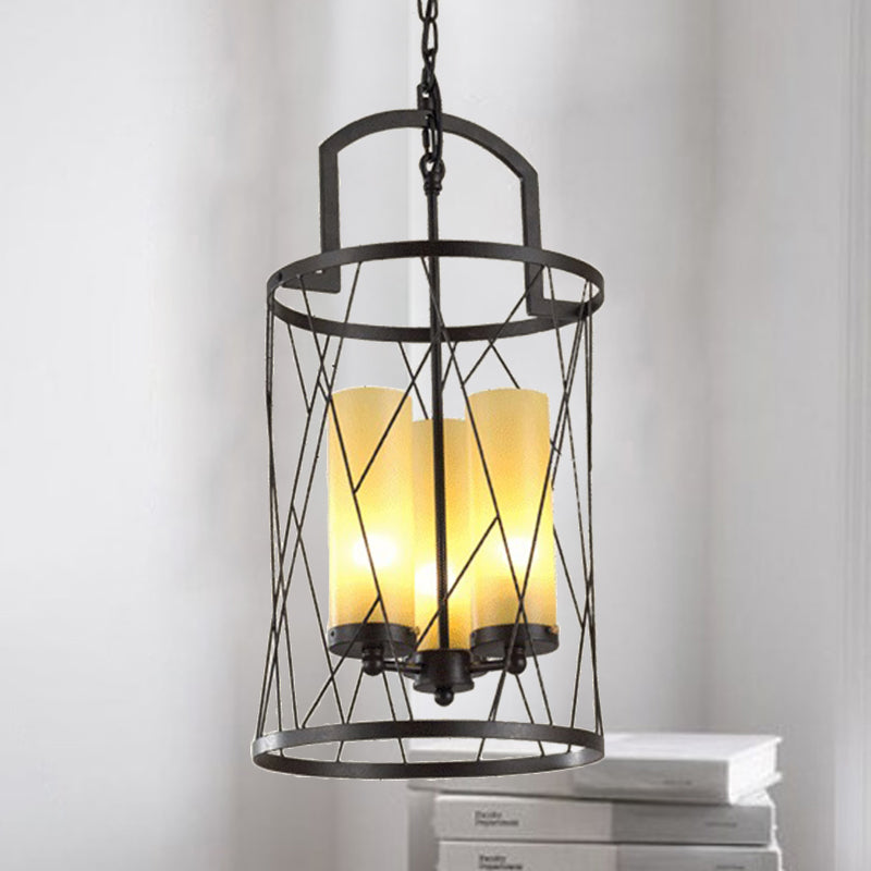 Industrial 3-Head Black Pendant Lamp with Cylinder Glass Shade and Wire Frame - Perfect for Restaurants