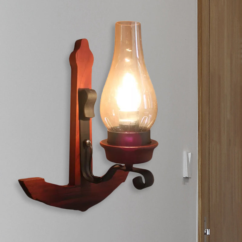 Industrial Rust Wall Lamp: Clear Glass Vase Porch Sconce Light With Wooden Backplate