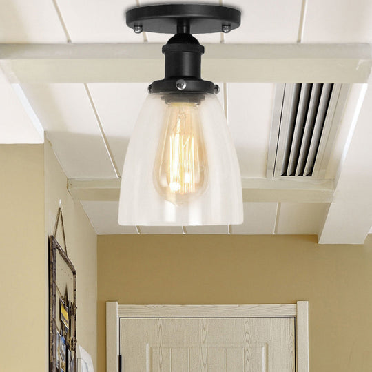 Industrial Clear Glass Cone Semi-Flush Light in Black for Living Rooms