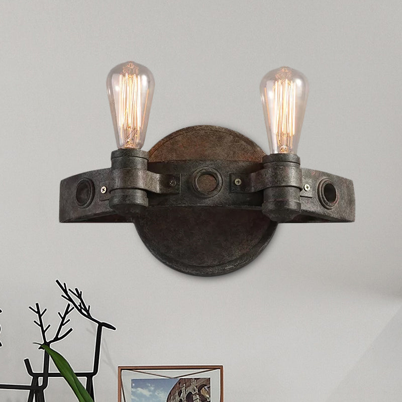 Rustic Wrought Iron Wall Sconce Light - Exposed Bulb 2 Lights Farmhouse Style For Restaurants