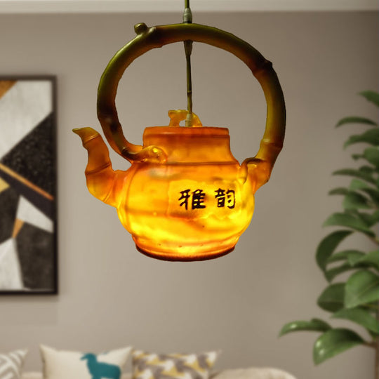 Lodge Style Resin Teapot Hanging Light: Single Pendant For Living Room