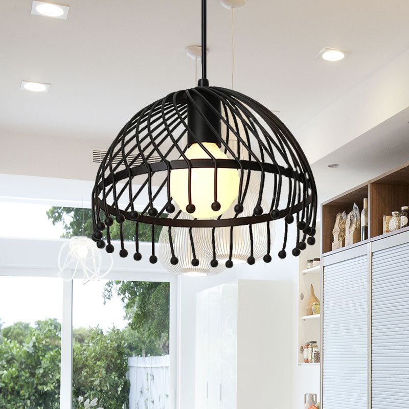 Retro Loft Black Metal Pendant Lamp: 1-Light Dome Caged Ceiling Light for Living Room