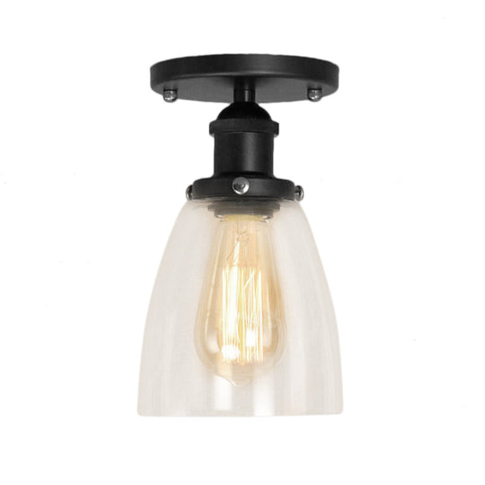 Industrial Clear Glass Cone Semi-Flush Light in Black for Living Rooms