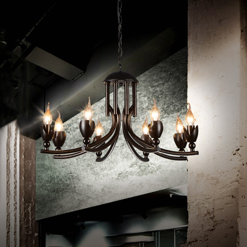 Rustic Iron Candle Chandelier With Curved Arm - 8-Bulb Pendant Lamp Retro Style