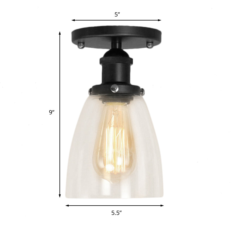 Industrial Clear Glass Cone Semi-Flush Light in Black for Living Rooms