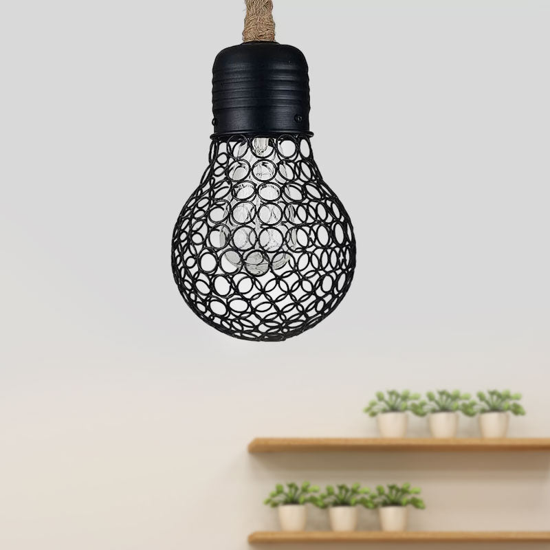 Industrial Metal Hanging Pendant Light With Mesh Screen - Black Bulb Shade For Restaurant Ceiling