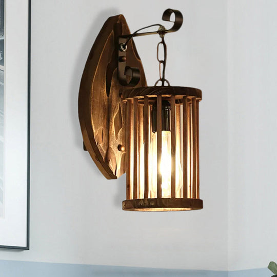 Cage Sconce Industrial 1 Light Wood Lodge Wall For Coffee Shop / Rectangle