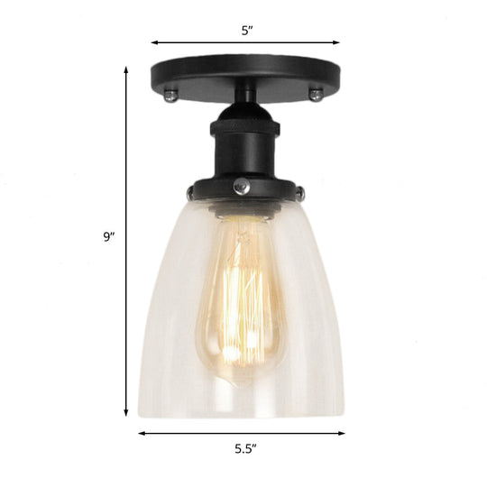 Industrial Clear Glass Cone Semi-Flush Light In Black For Living Rooms