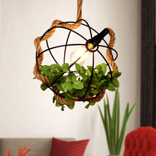 Black Round Metal Pendant Lamp - Lodge Style With Rope And Artificial Leaf