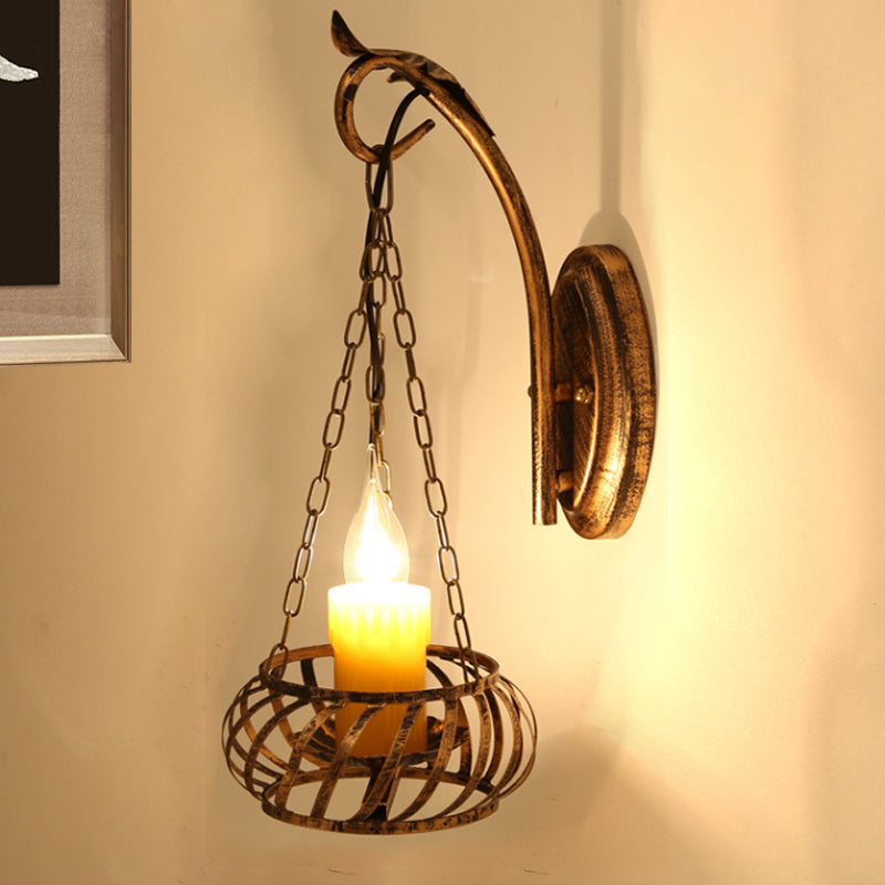 Rustic Wrought Iron Wall Lamp: 1-Light Candle Sconce Lighting For Corridor Bronze Finish