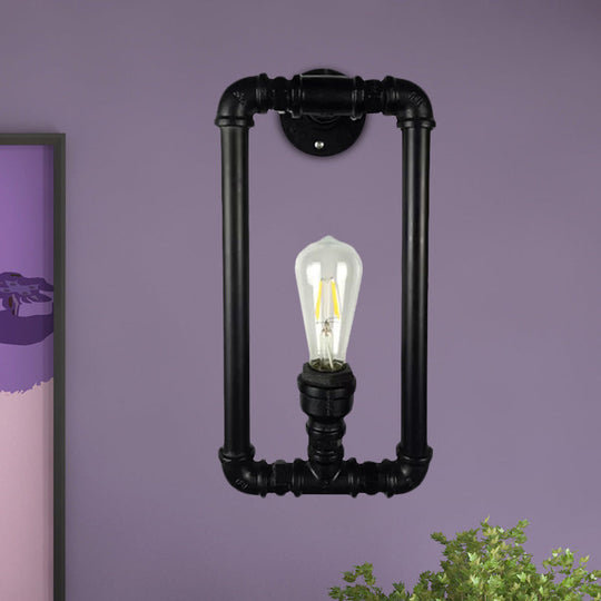 Industrial Metal 1-Light Bedroom Sconce Lamp In Matte Black Rectangle Design With Pipe Detailing