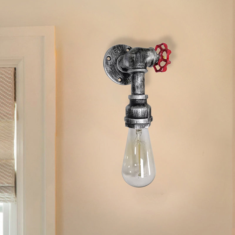 Metal Wall Lighting - Industrial Black/Antique Brass Water Pipe Sconce Light For Bedroom With Valve