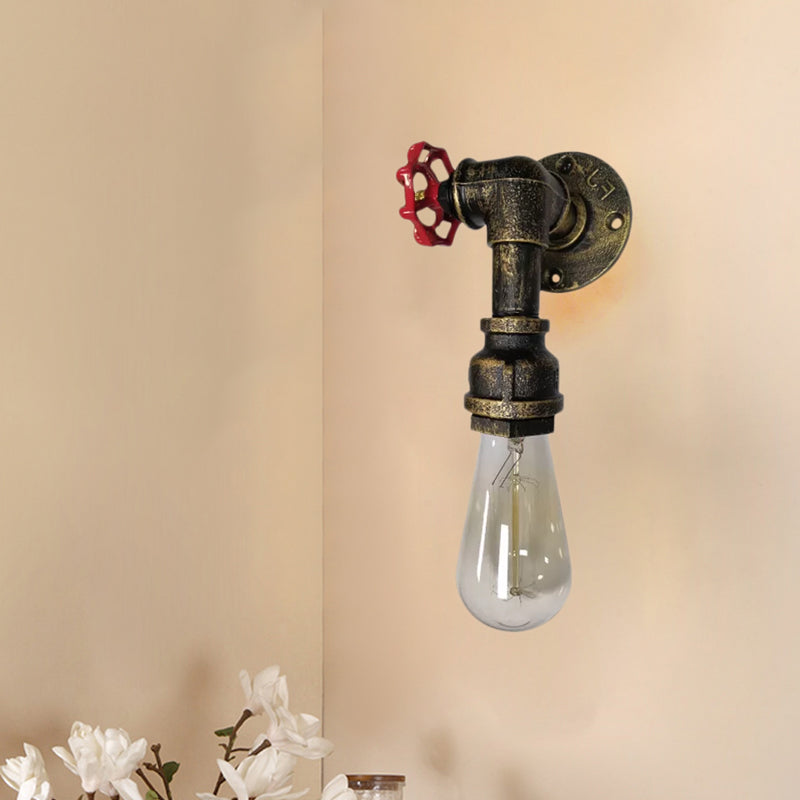 Metal Wall Lighting - Industrial Black/Antique Brass Water Pipe Sconce Light For Bedroom With Valve