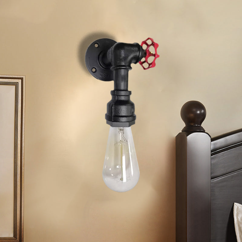 Metal Wall Lighting - Industrial Black/Antique Brass Water Pipe Sconce Light For Bedroom With Valve