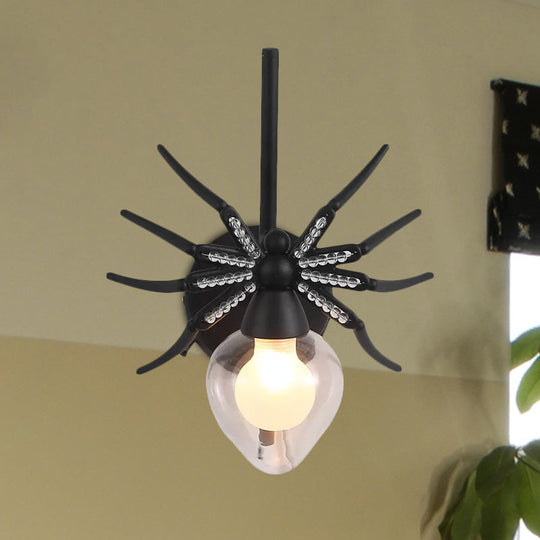 Rustic Lodge Black Spider Sconce: Metallic Mini Wall Lamp With Clear Glass Shade