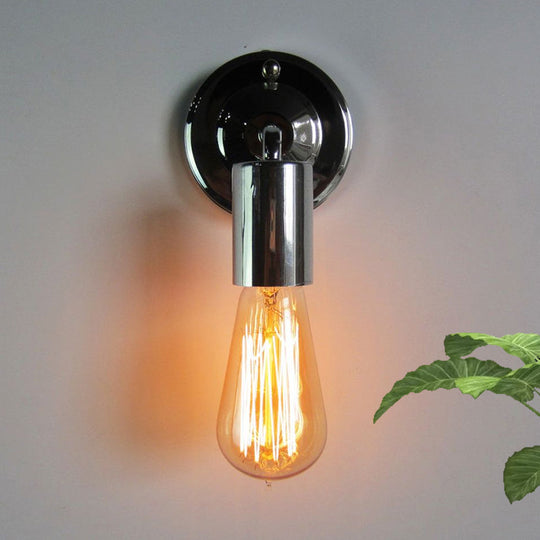 Mini Polished Chrome Industrial Metal Wall Sconce - Bedroom Mount Light With Open Bulb