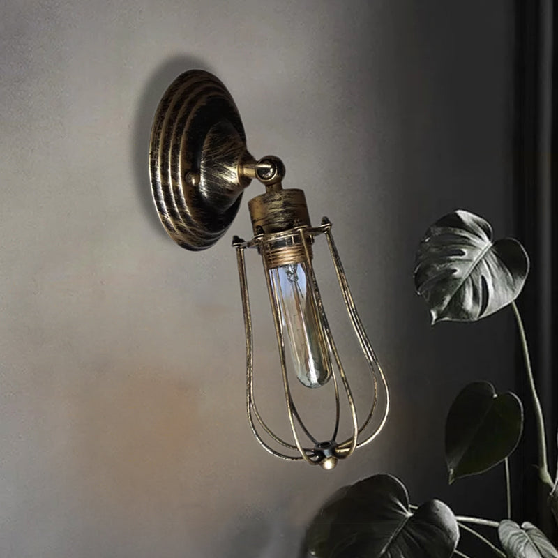 Industrial Aged Brass Wall Sconce With Wire Guard And Bulb Shade For Restaurants