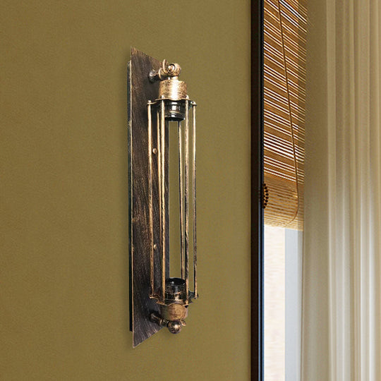 Retro Industrial Wall Sconce Lighting: Linear Wrought Iron Lamp With Cage Shade In Aged Brass